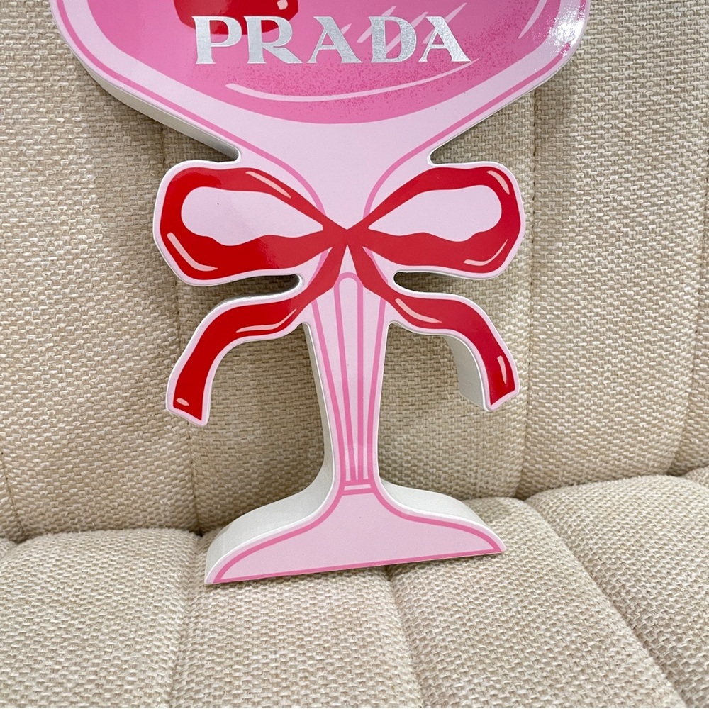 NEW Prada Pink Cocktail Glass Boutique Display Block Red Bow Cherry‎ Decor - Picture 3 of 4